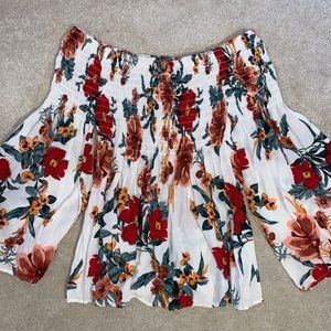 Charlotte Russe smocked floral off the shoulder long sleeve top